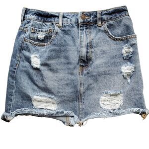 Forever 21 Distressed Denim Mini Skirt Size 26 Destroyed Short Blue Jean Micro